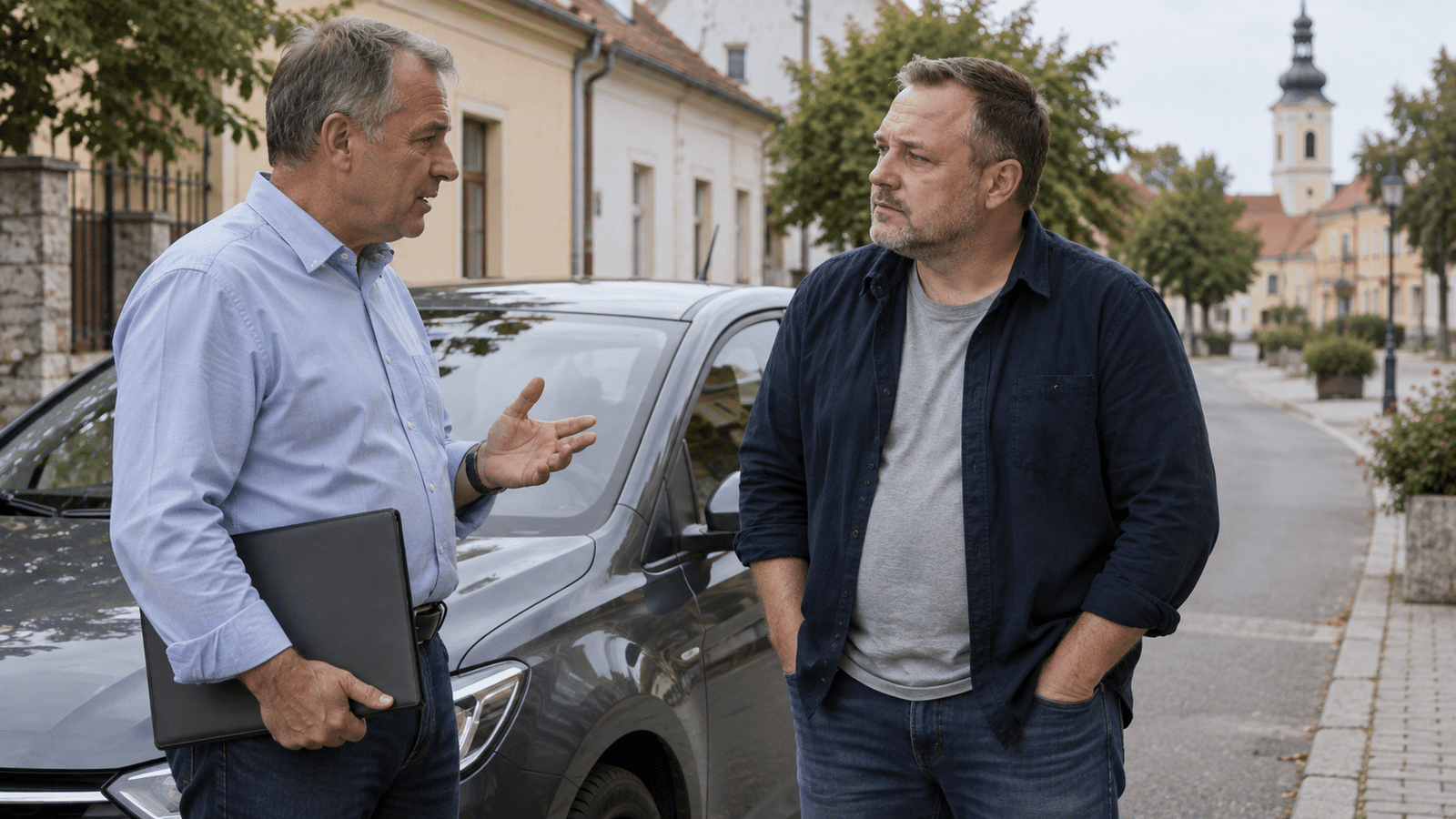 Symbolfigur Markus wartet mit einer Arbeitstasche an einer Bushaltestelle