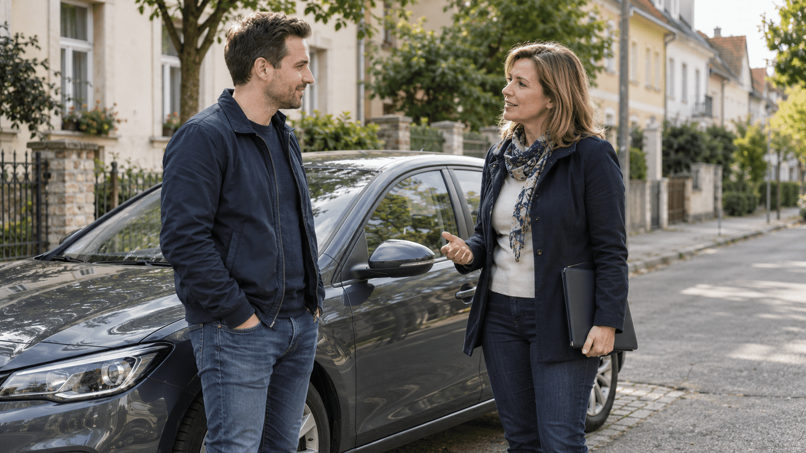 Fahrschüler und Fahrlehrerin im Gespräch neben einem Auto