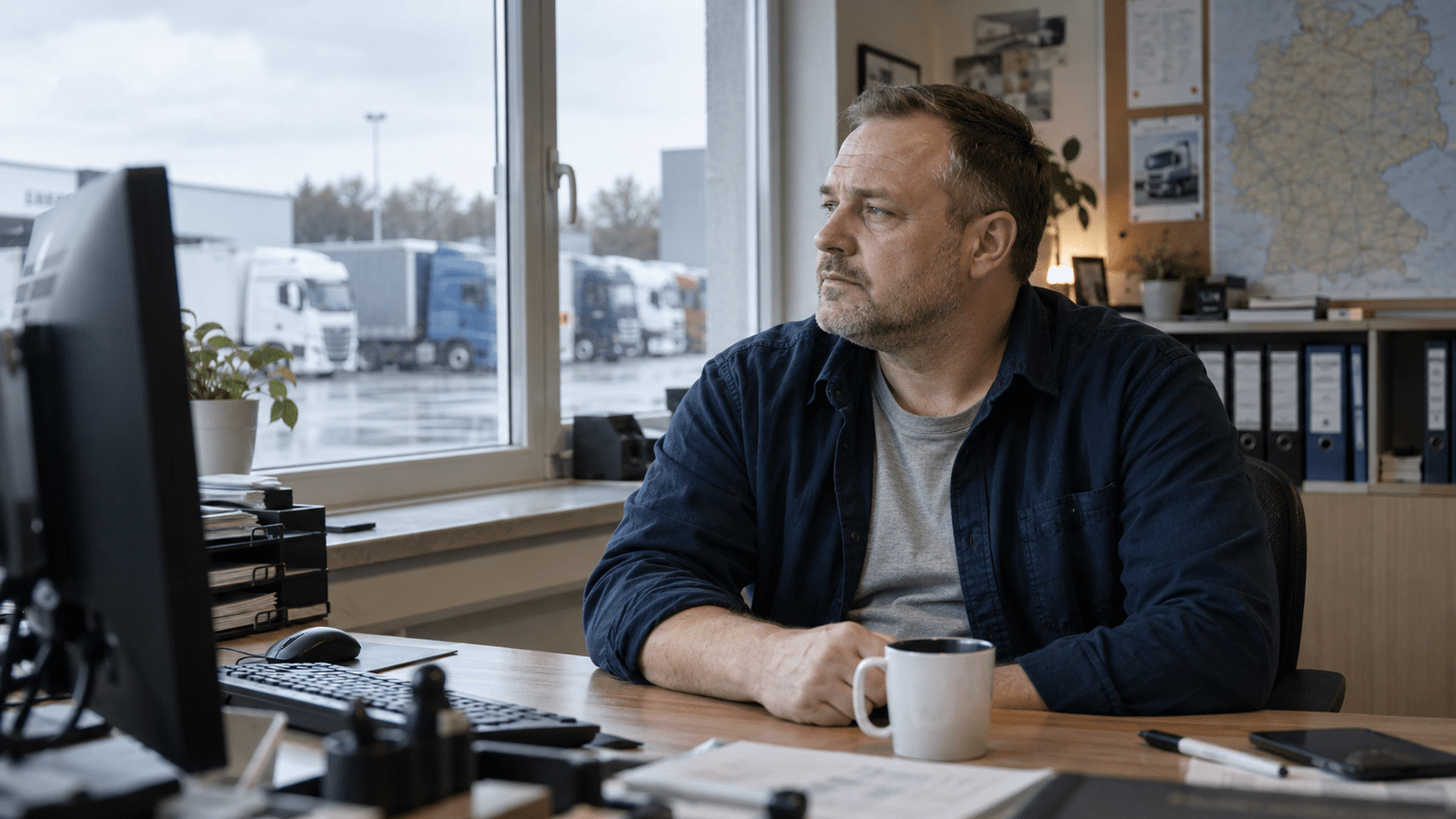 Symbolfigur Markus sitzt nachdenklich im Dispositionsbüro einer Spedition