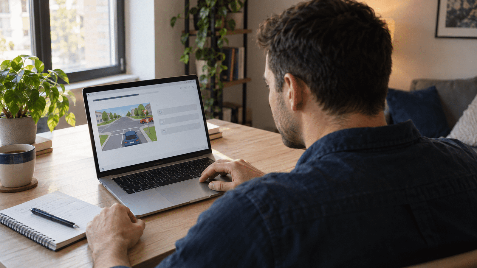 Fahrschüler lernt zu Hause am Laptop für die Theorieprüfung