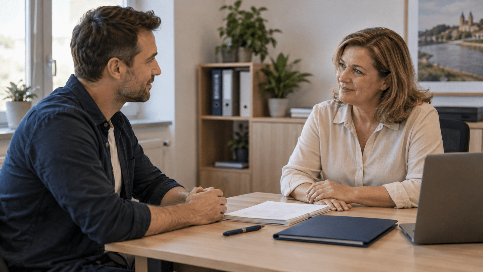 Interessent und Beraterin besprechen Unterlagen an einem Schreibtisch