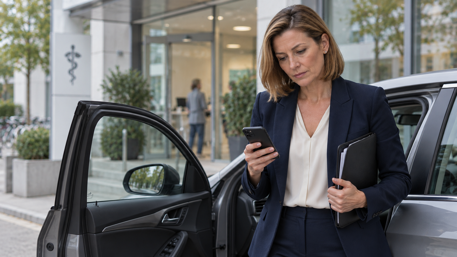 Symbolfigur Katharina prüft neben einem geparkten Auto einen Termin auf dem Smartphone