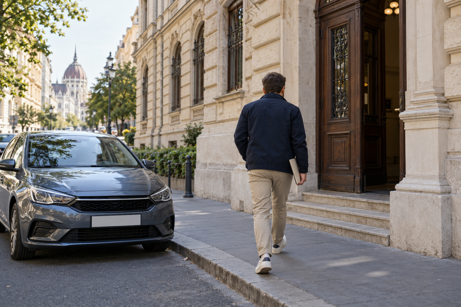 Person kommt mit Unterlagen zu einem Termin für den regulären Führerscheinerwerb in Ungarn